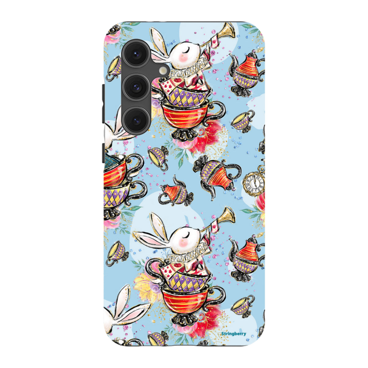 Samsung Tough Case featuring a whimsical Tea Party pattern with rabbits, teapots, and teacups on a light blue background.