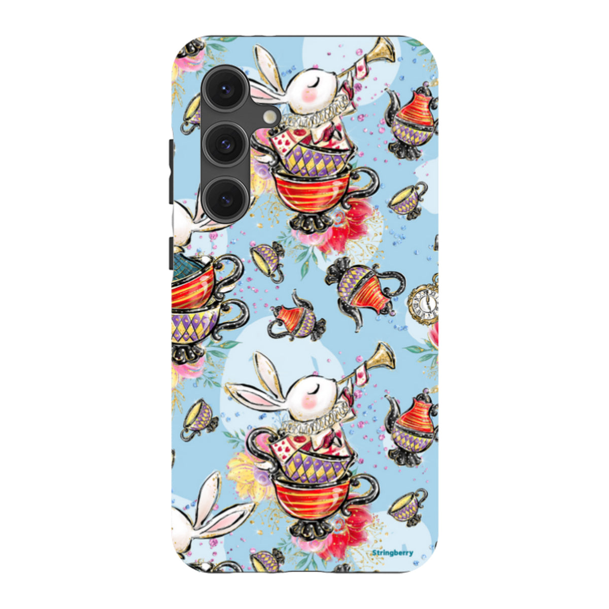 Samsung Tough Case featuring a whimsical tea party pattern with rabbits, teacups, and teapots on a light blue background.