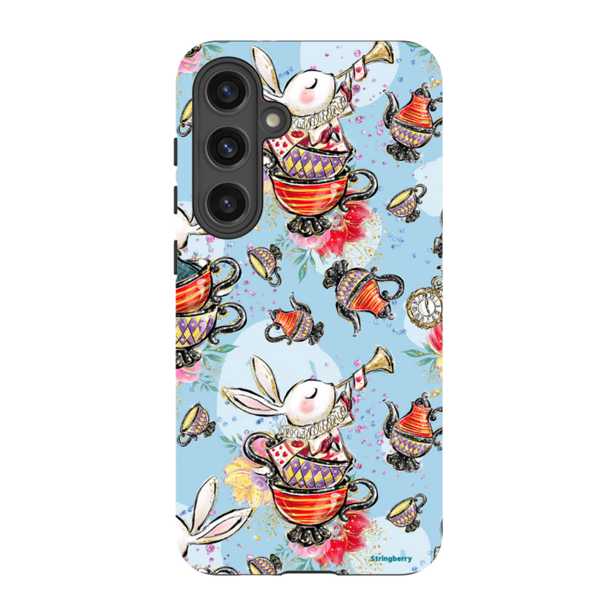 Samsung Tough Case featuring a whimsical tea party pattern with rabbits, teapots, and teacups on a light blue background.