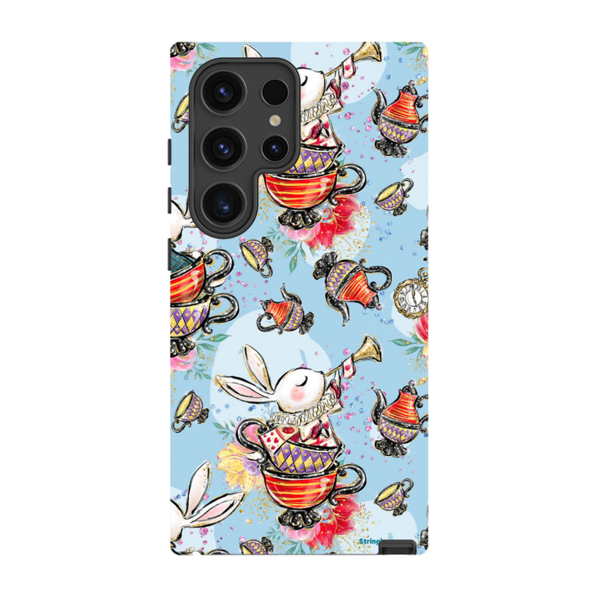 Samsung Galaxy tough case featuring a whimsical tea party pattern with bunnies, teapots, and teacups on a light blue background.