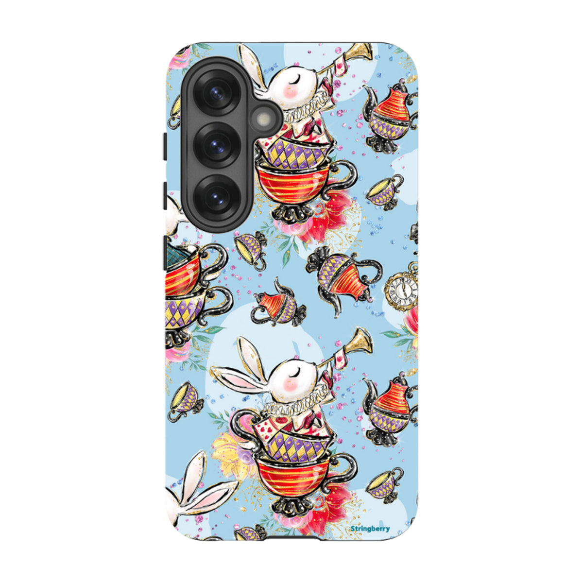 Samsung Tough Case featuring a whimsical tea party pattern with bunnies, teapots, and teacups on a light blue background.