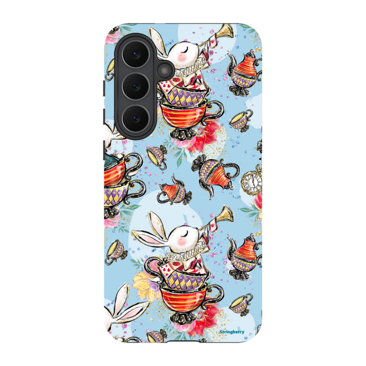 Samsung Tough Case featuring a whimsical Tea Party pattern with rabbits, teapots, and teacups on a light blue background.
