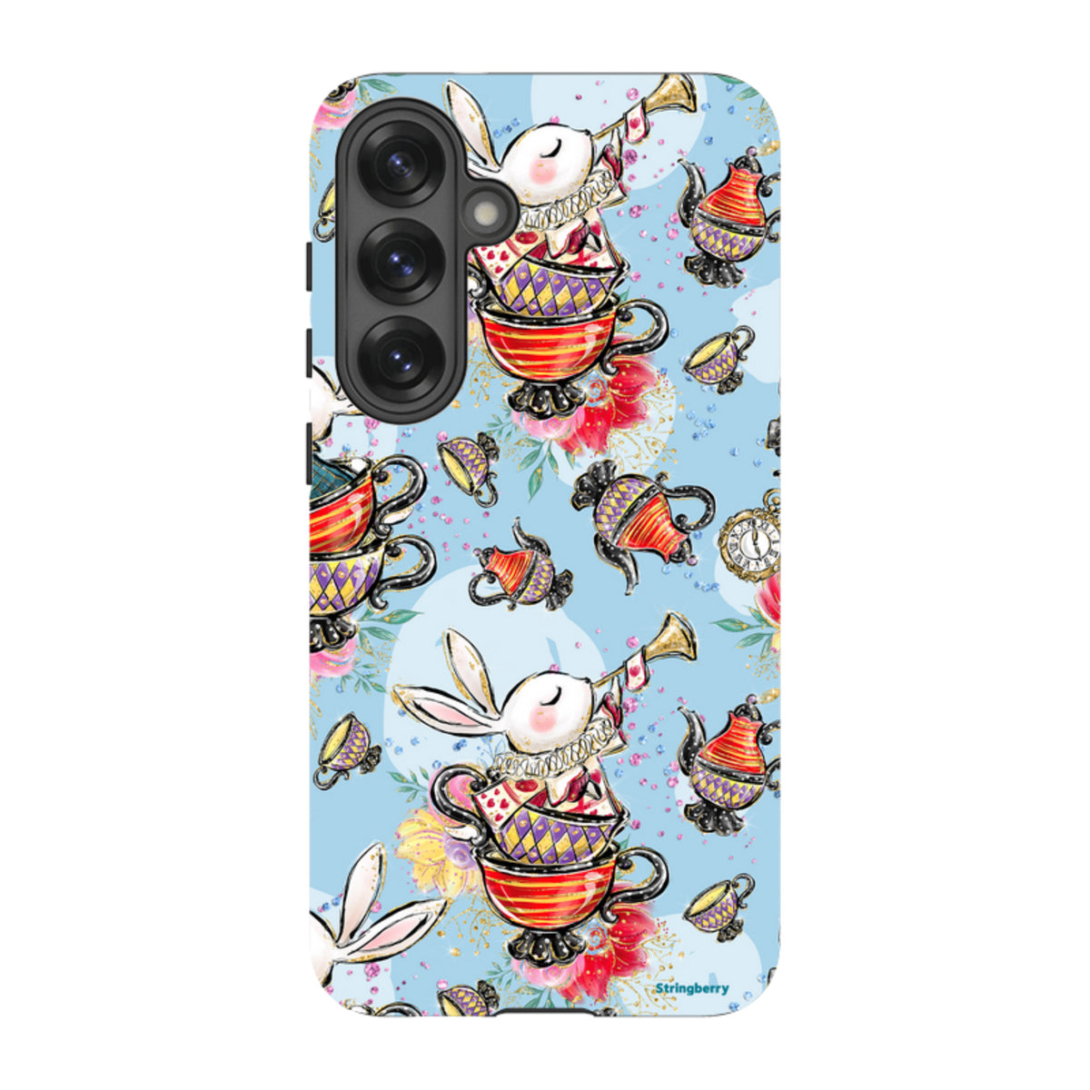 Samsung Tough Case featuring a whimsical Tea Party pattern with rabbits, teapots, and teacups on a light blue background.
