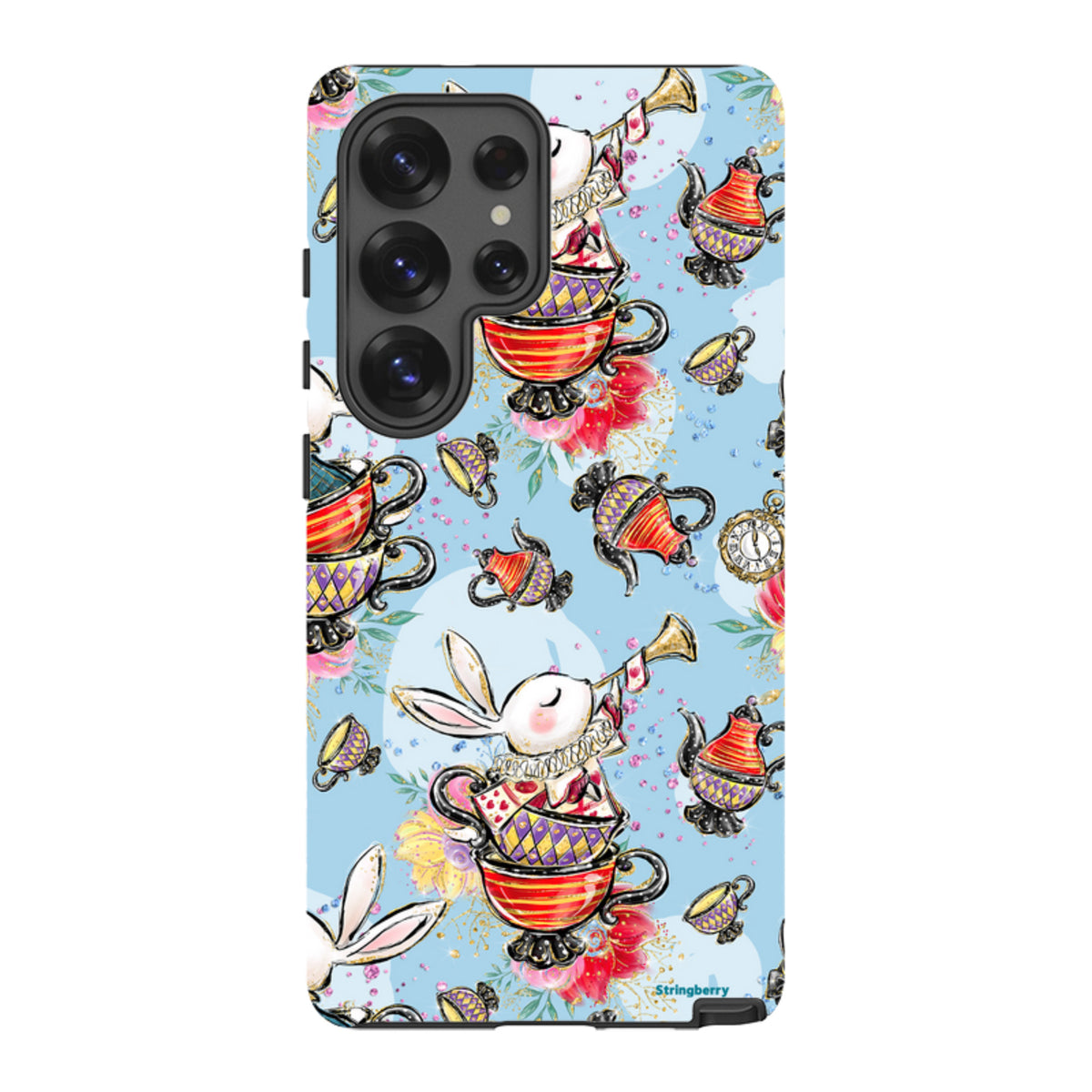 Samsung Tough Case featuring a whimsical tea party pattern with rabbits, teapots, and cups on a light blue background.