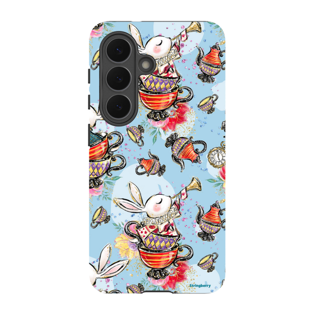 Samsung Tough Case featuring a whimsical tea party pattern with rabbits, teapots, and teacups on a light blue background.