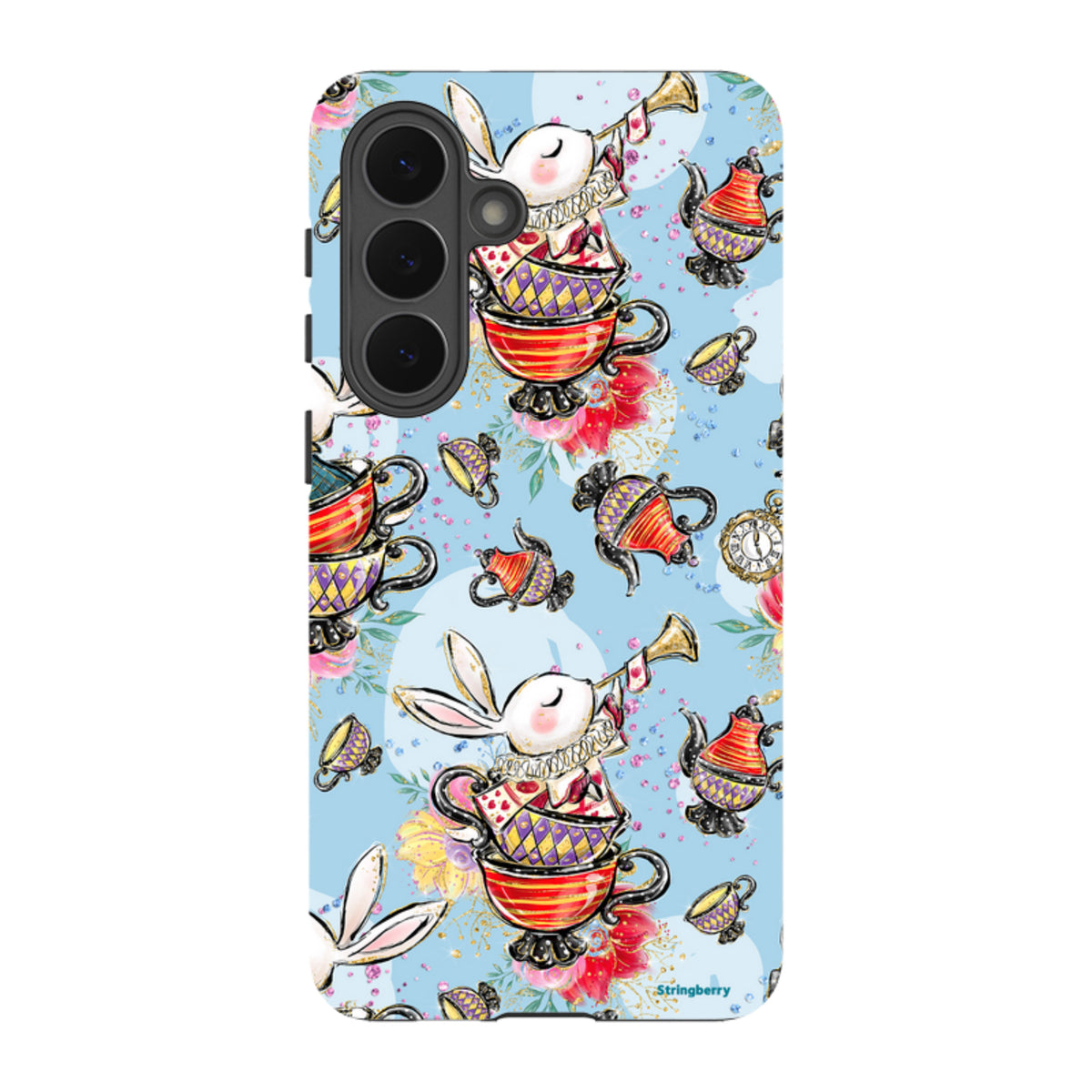 Samsung Galaxy tough case featuring a whimsical tea party pattern with rabbits, teacups, and teapots on a light blue background.
