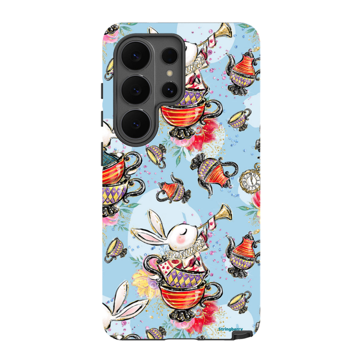 Samsung Tough Case featuring a whimsical tea party pattern with rabbits, teapots, and teacups on a light blue background.