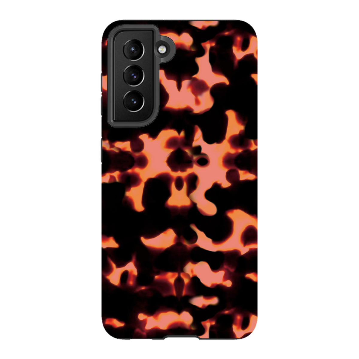 Samsung Tough Case in Teaberry featuring a dual-layer design with a vibrant orange and black tortoiseshell pattern.