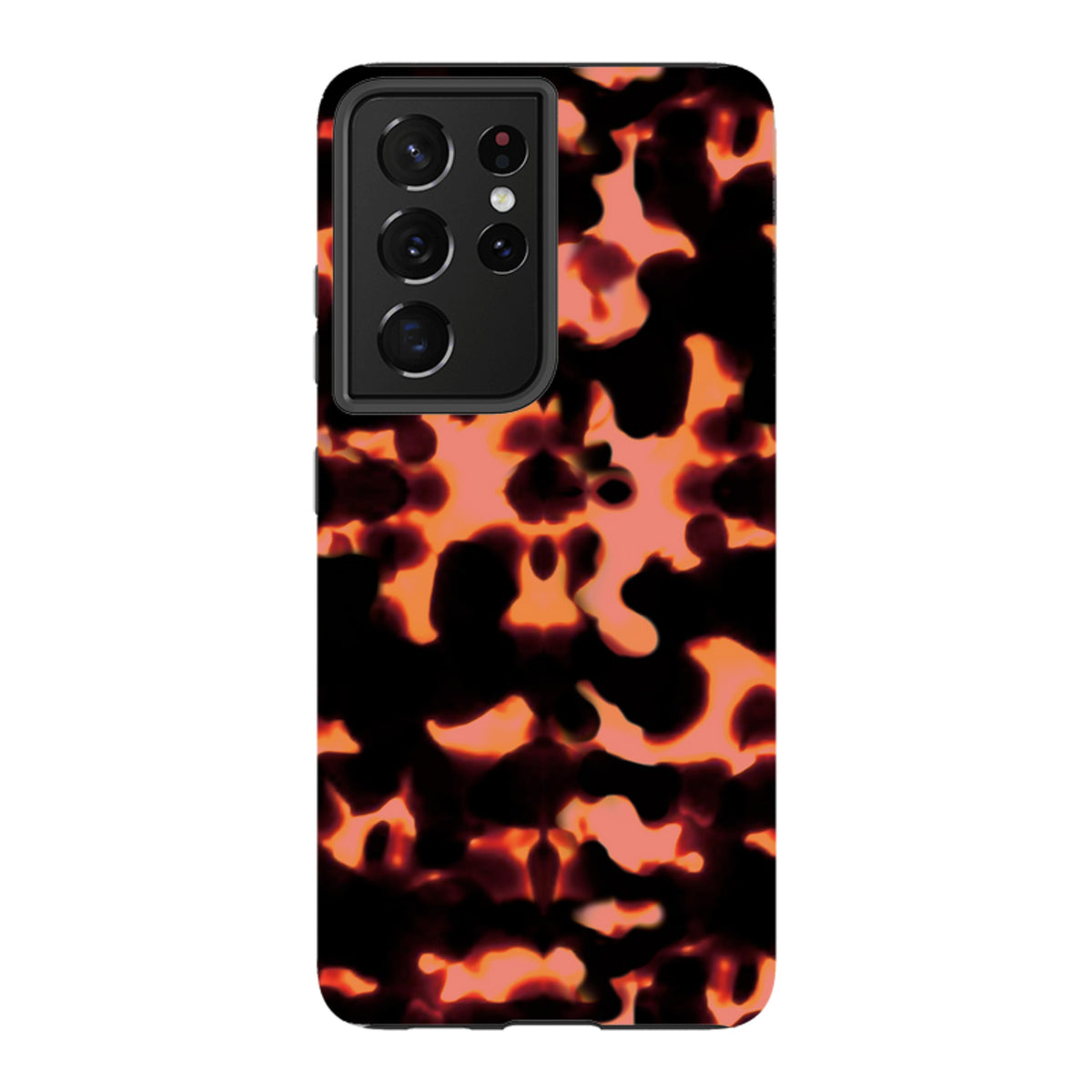 Samsung Tough Case in Teaberry featuring a vibrant orange and black tortoiseshell pattern with a protective camera cutout.