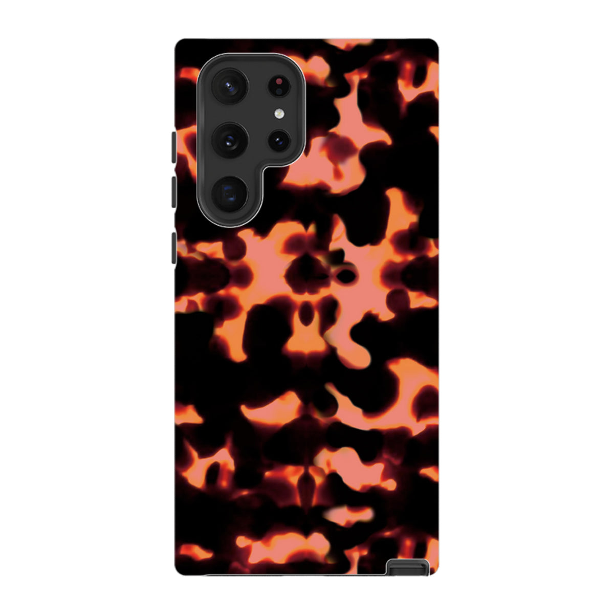 Samsung Tough Case in Teaberry with a black and orange abstract pattern and dual-layer protection for Galaxy phones.