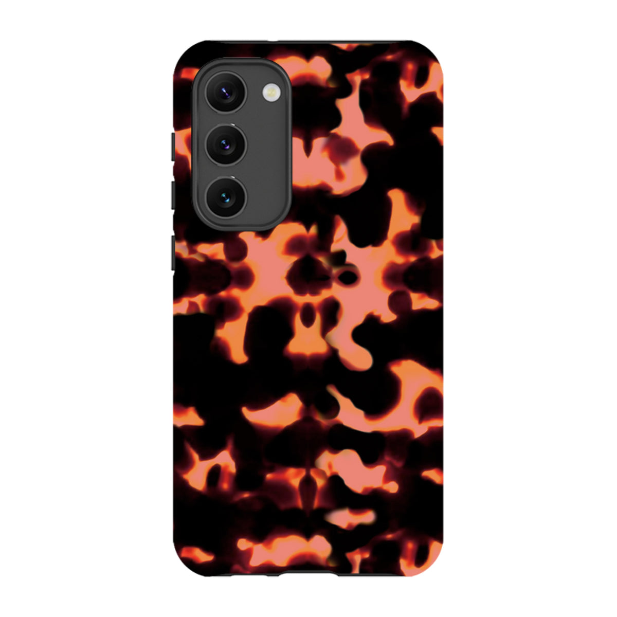 Samsung Tough Case in Teaberry featuring a vibrant orange and black abstract pattern with a durable dual-layer design.