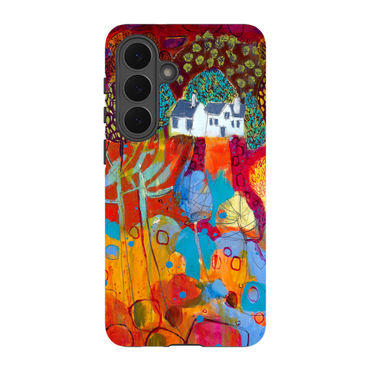 Samsung Tough Case featuring Claire West’s The Croft artwork with vibrant abstract landscape colors and dual-layer design.