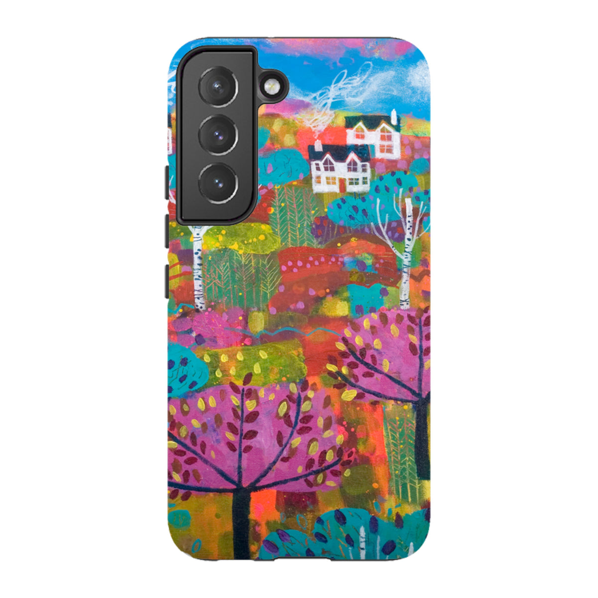 Samsung Tough Case featuring Claire West’s colorful landscape art with vibrant trees and houses on a dual-layer phone cover.