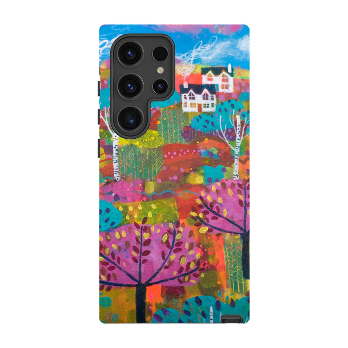 Samsung Tough Case featuring Claire West’s colorful landscape art with houses and trees on a durable dual-layer phone cover.