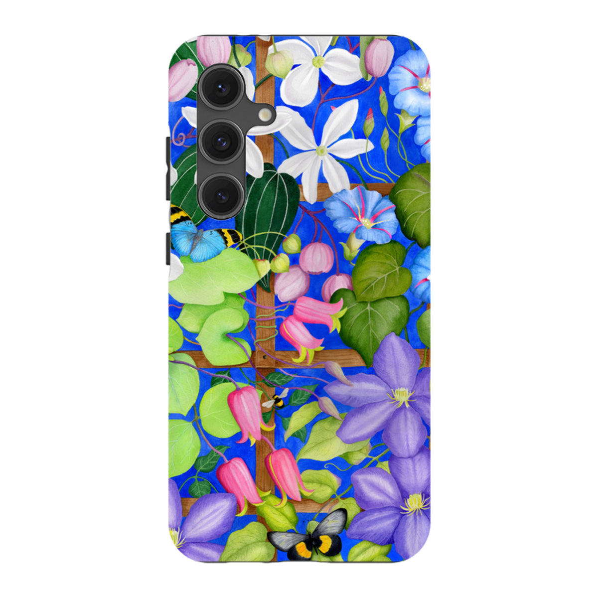 Samsung Tough Case featuring a vibrant blue trellis design with colorful flowers, green leaves, and butterflies.