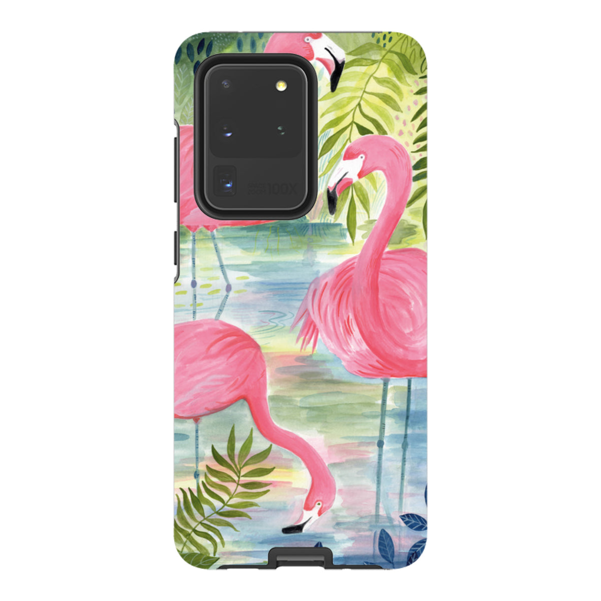 Samsung Galaxy tough case featuring a colorful watercolor flamingo print with dual-layer protection and camera cutout.