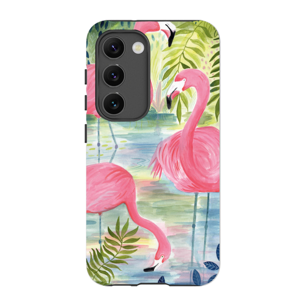 Samsung Galaxy tough case featuring vibrant pink flamingos and tropical foliage in a watercolor art style.
