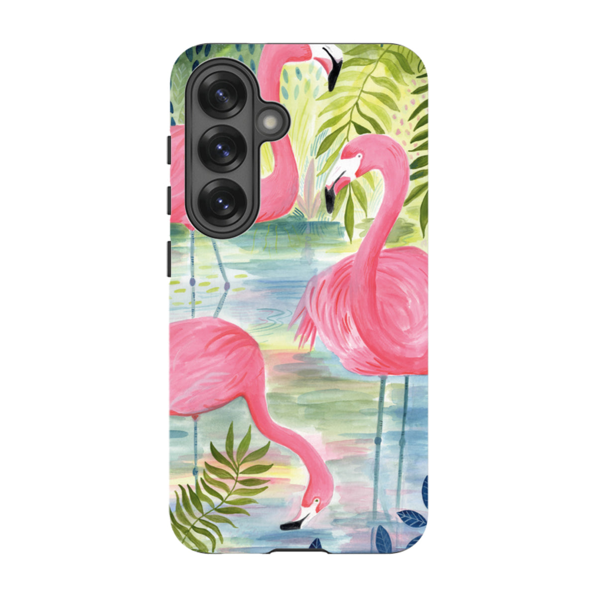 Samsung Tough Case featuring a vibrant watercolor flamingo and tropical leaf design with a durable dual-layer finish.