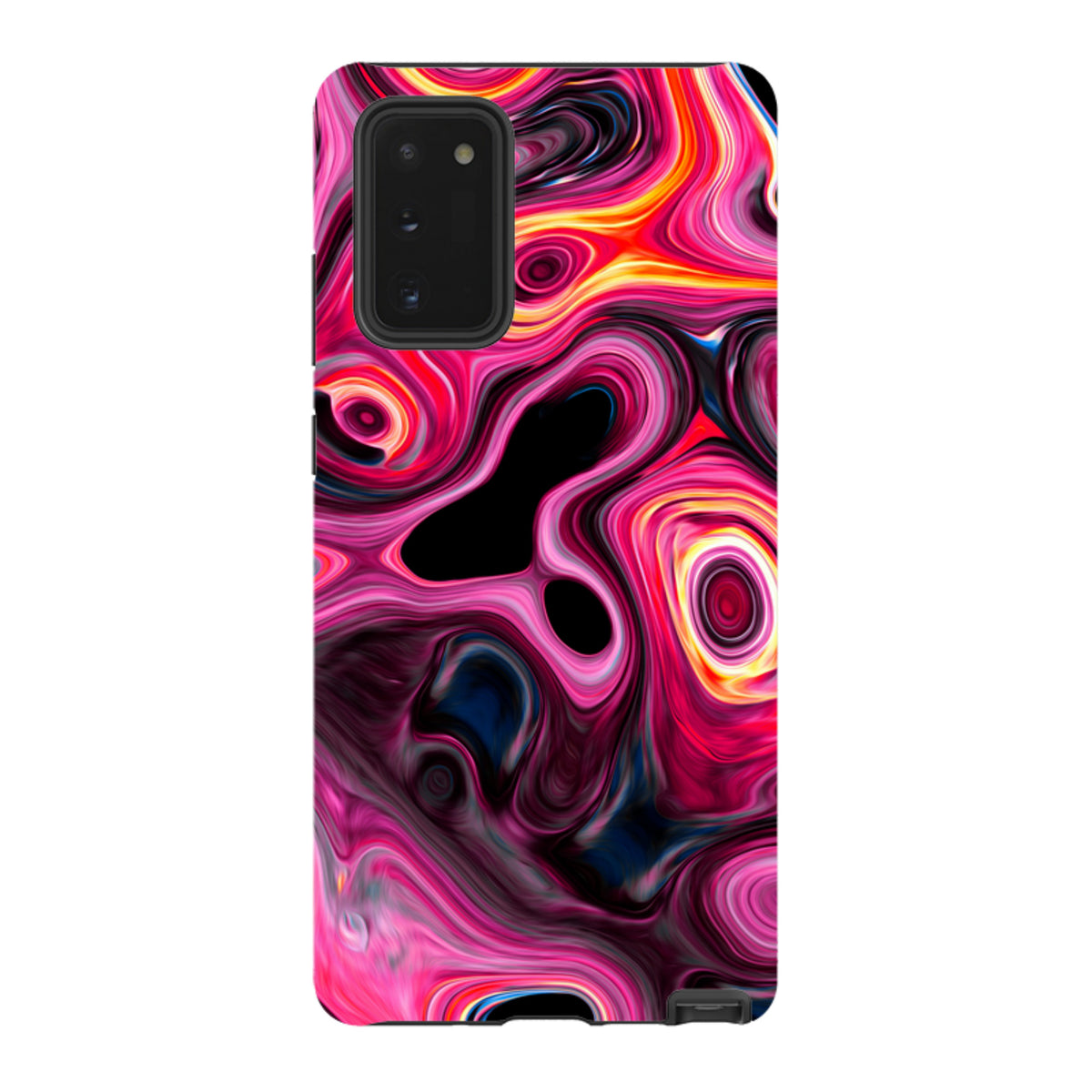 Samsung Tough Case featuring a vibrant, high-definition marbled pattern in swirling shades of pink, orange, and black.