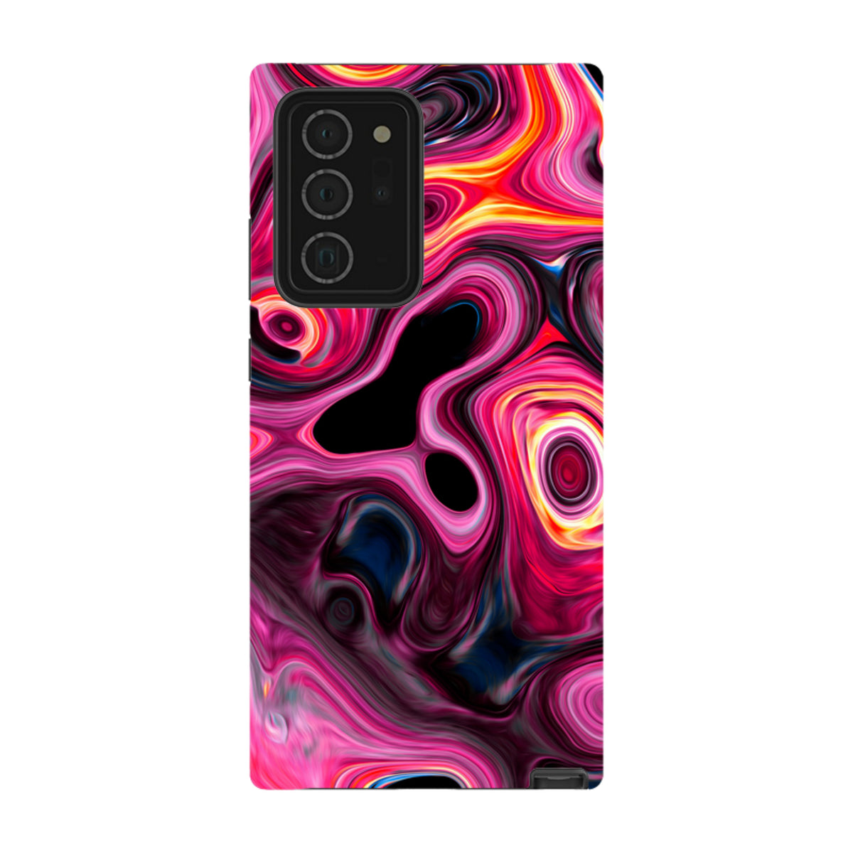 Samsung Tough Case featuring a vibrant, swirling Tiger Tail abstract pattern in shades of pink, orange, and black.