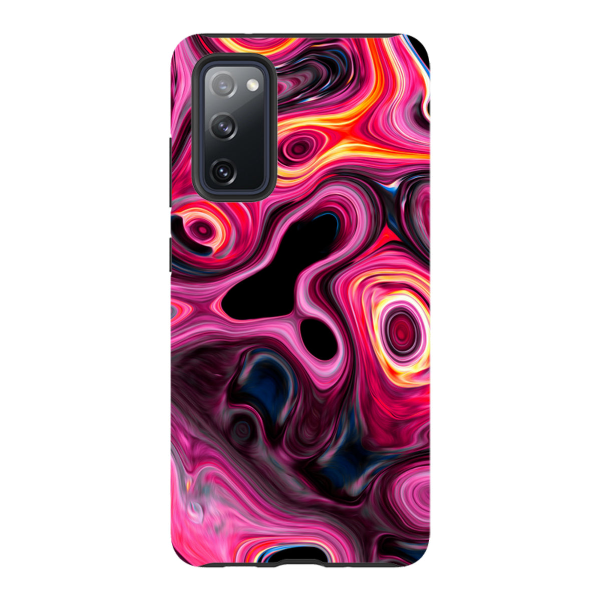 Samsung Tough Case featuring a vibrant, swirling pink and orange tiger tail marble pattern with a durable dual-layer design.