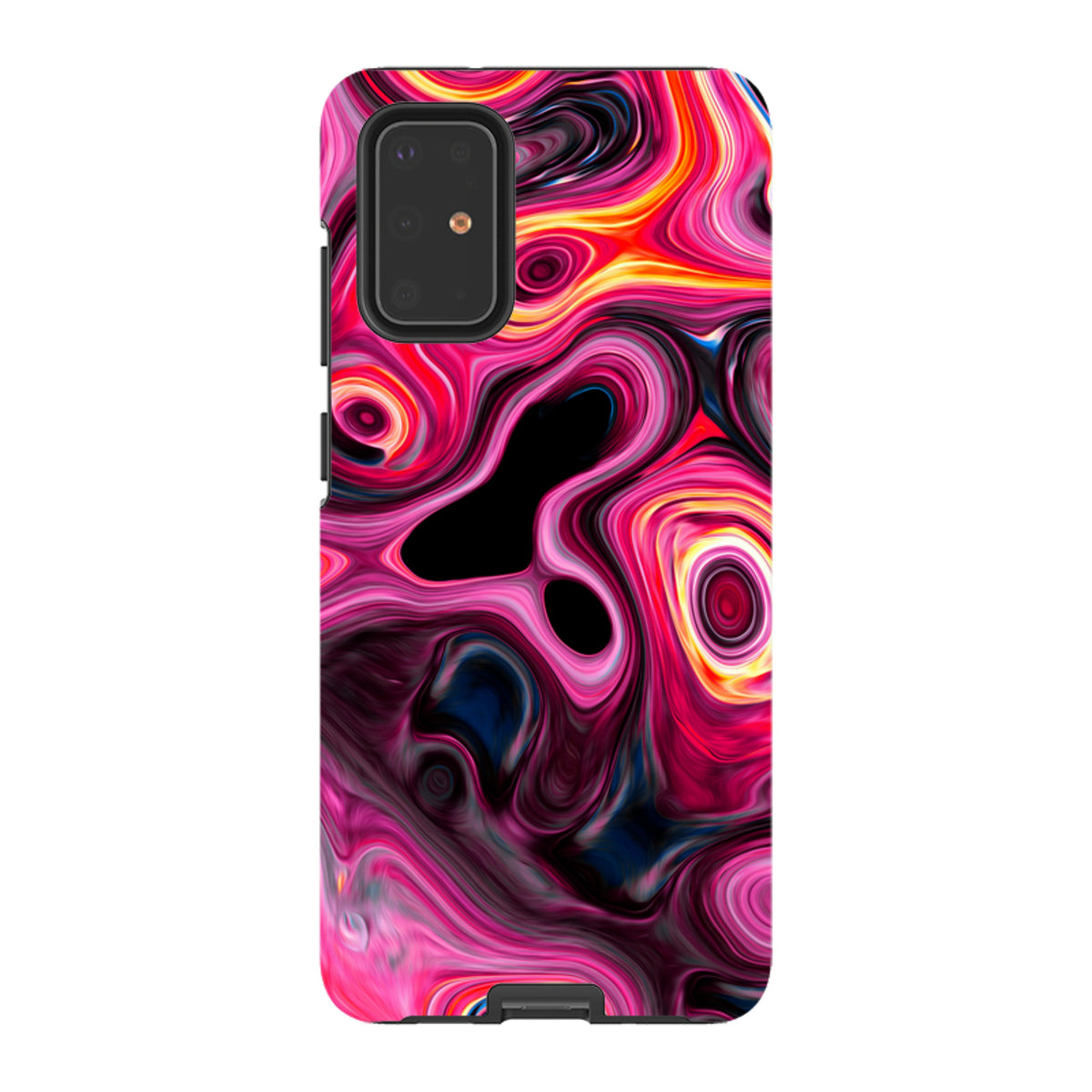 Samsung Tough Case featuring a vibrant, swirling pink and orange Tiger Tail abstract design with dual-layer protection.