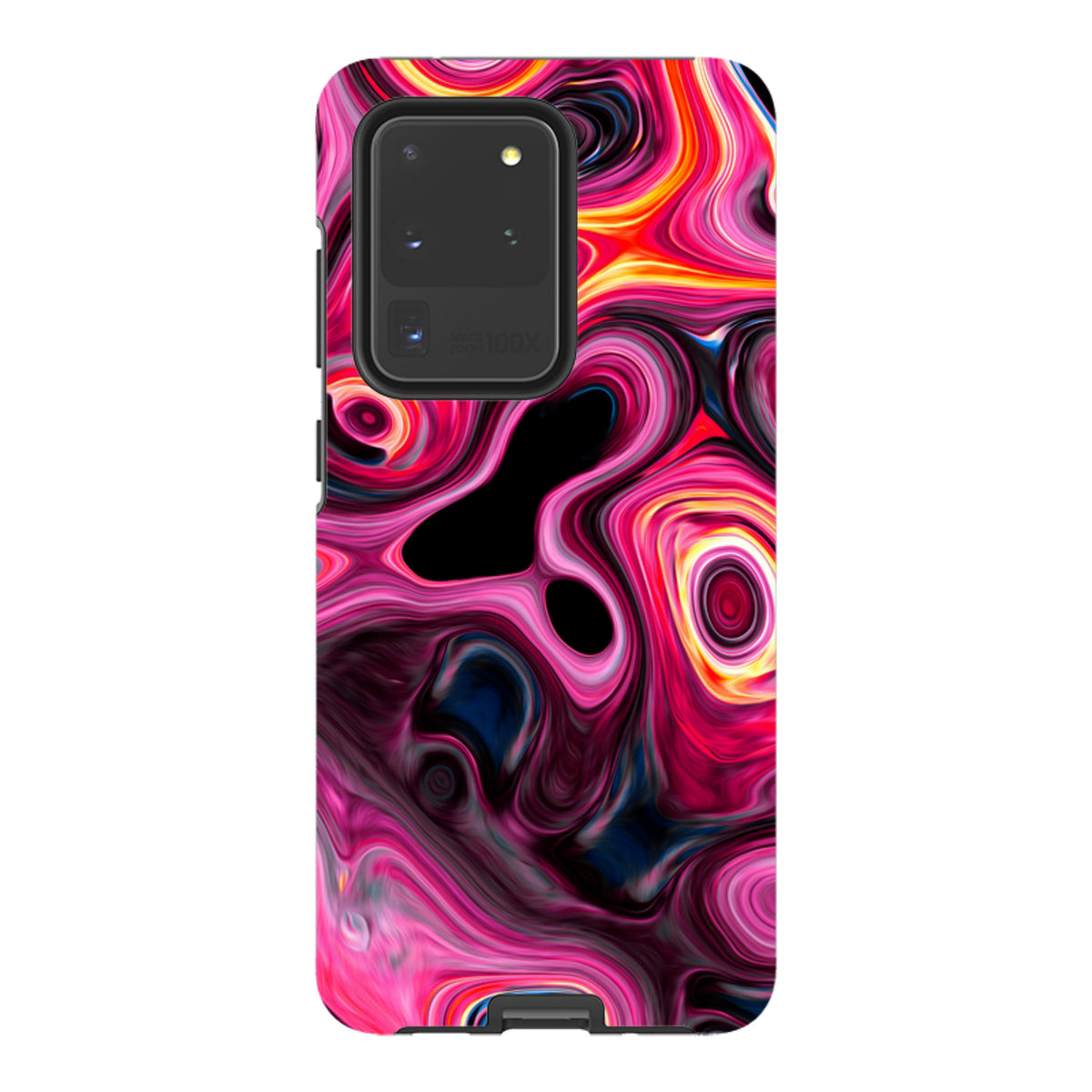 Samsung Tough Case featuring a vibrant, swirling Tiger Tail abstract pattern in pink, red, and black on a dual-layer shell.