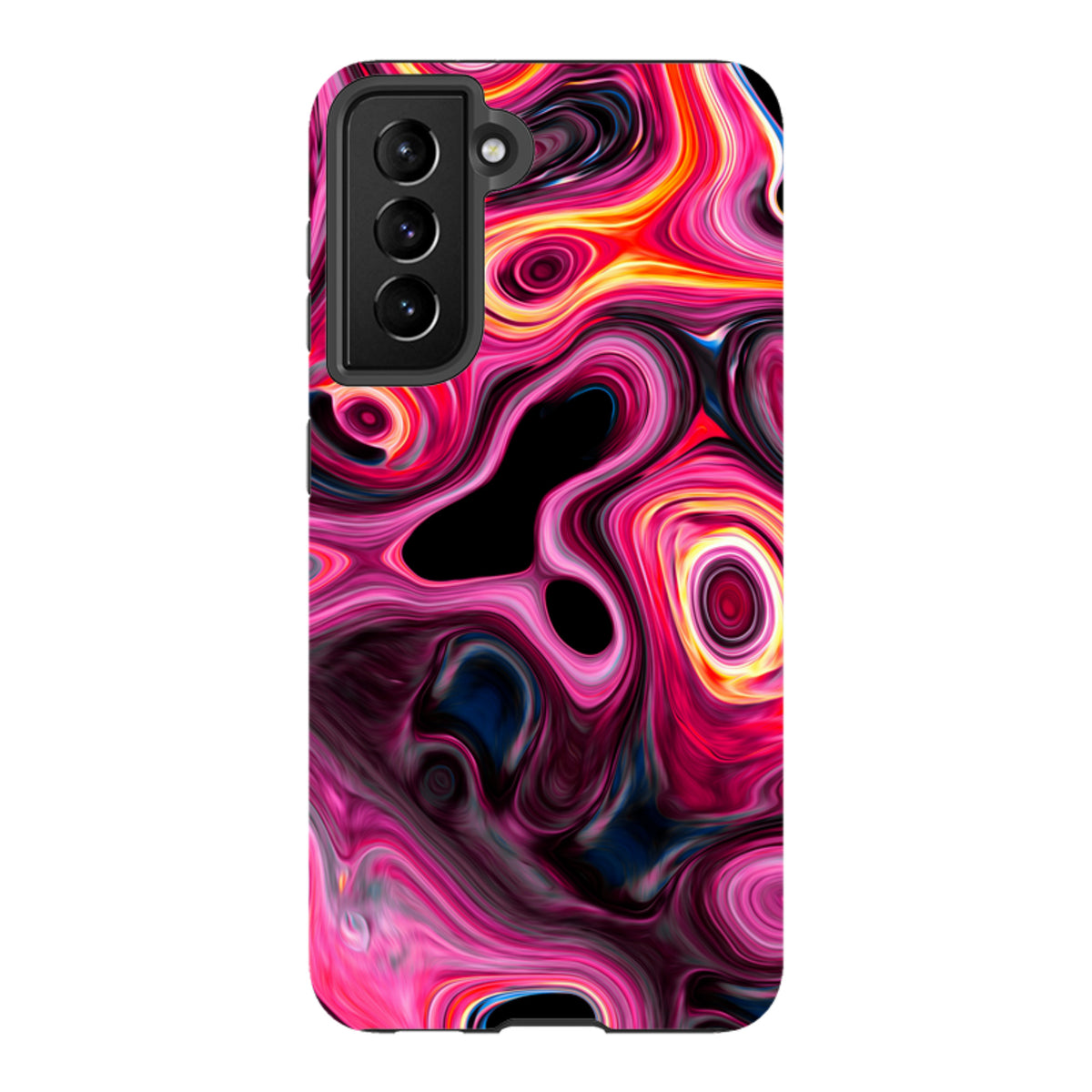 Samsung Tough Case with a vibrant, swirling pink, orange, and black abstract tiger tail design and camera cutouts.