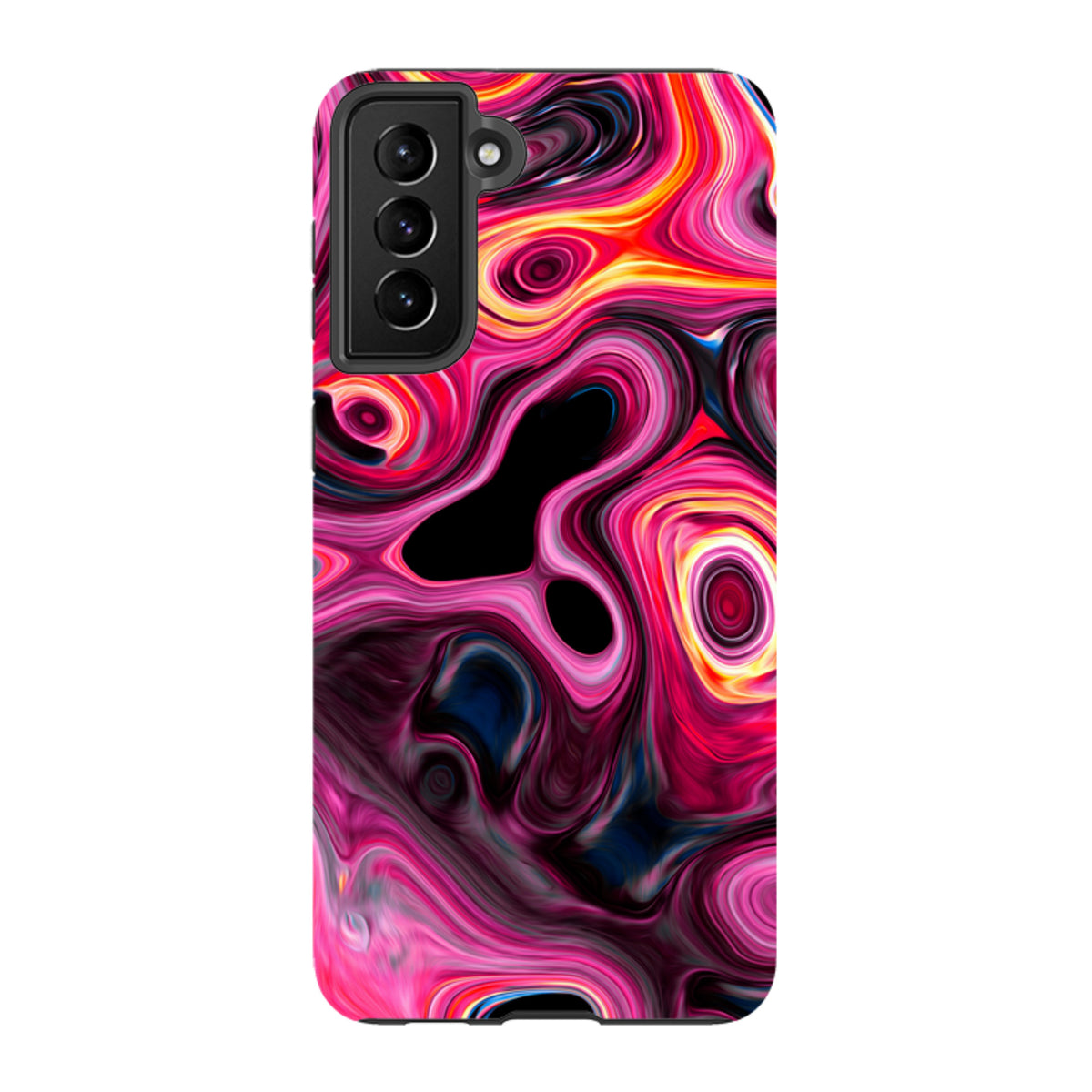 Samsung Tough Case featuring a vibrant, swirling Tiger Tail abstract pattern in pink, orange, and black on a Galaxy phone.