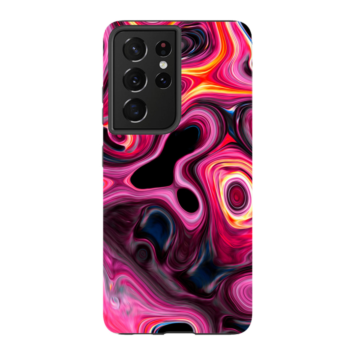 Samsung Tough Case featuring a vibrant, swirling pink and orange Tiger Tail marble design with dual-layer protection.