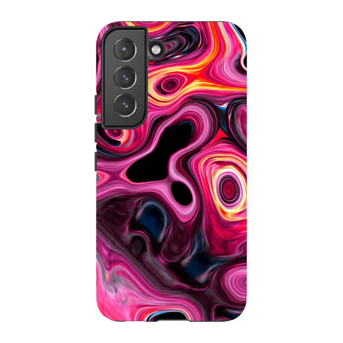 Samsung Tough Case featuring a vibrant, swirling Tiger Tail abstract design in pink, red, and black with a dual-layer finish.