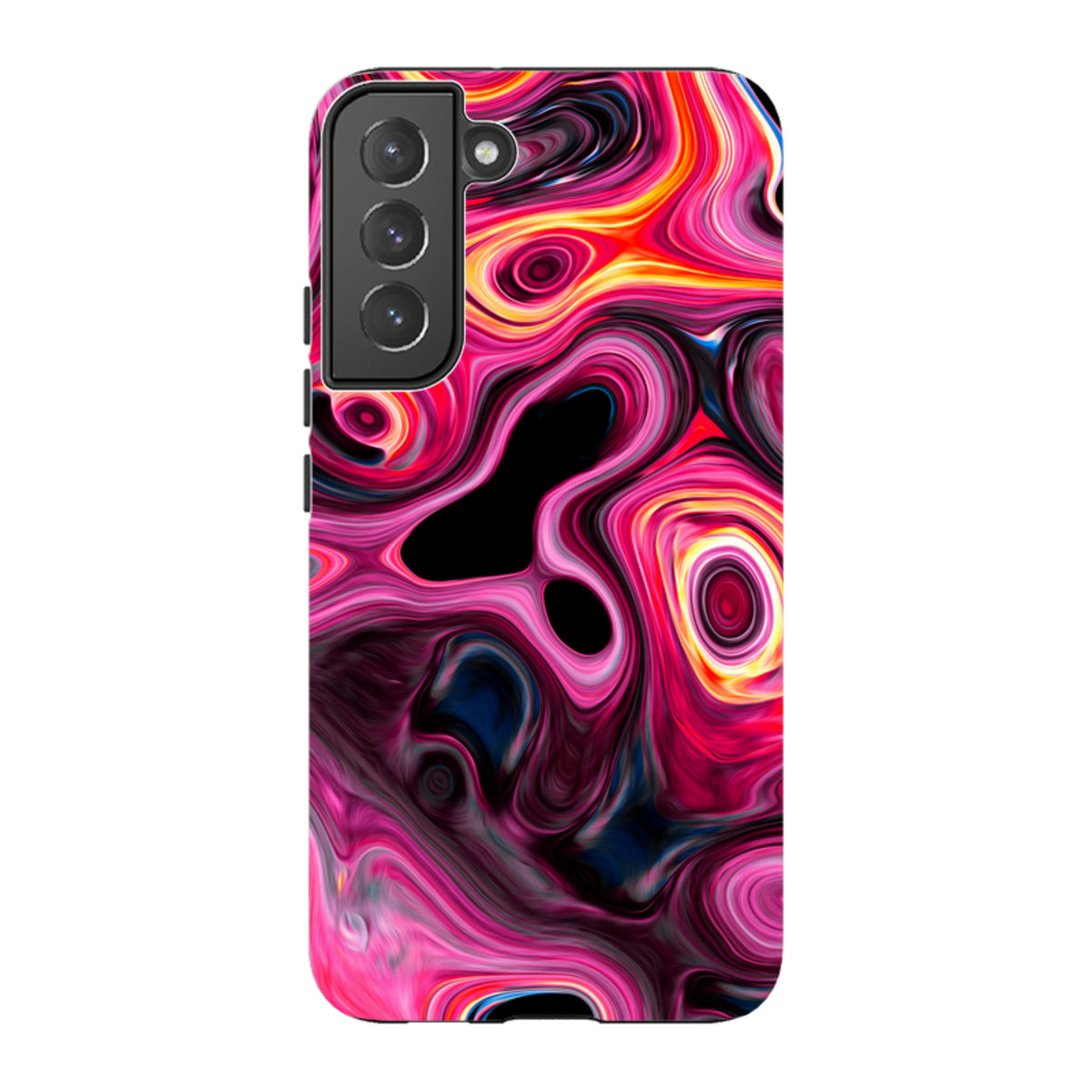 Samsung Galaxy tough case featuring a vibrant, high-definition Tiger Tail swirl design in shades of pink, red, and orange.