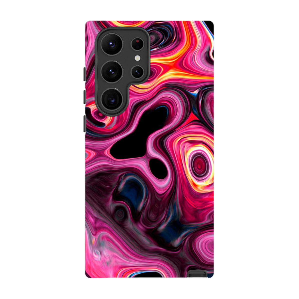 Samsung Galaxy tough case with a vibrant, swirling pink and orange Tiger Tail marble pattern and dual-layer protection.
