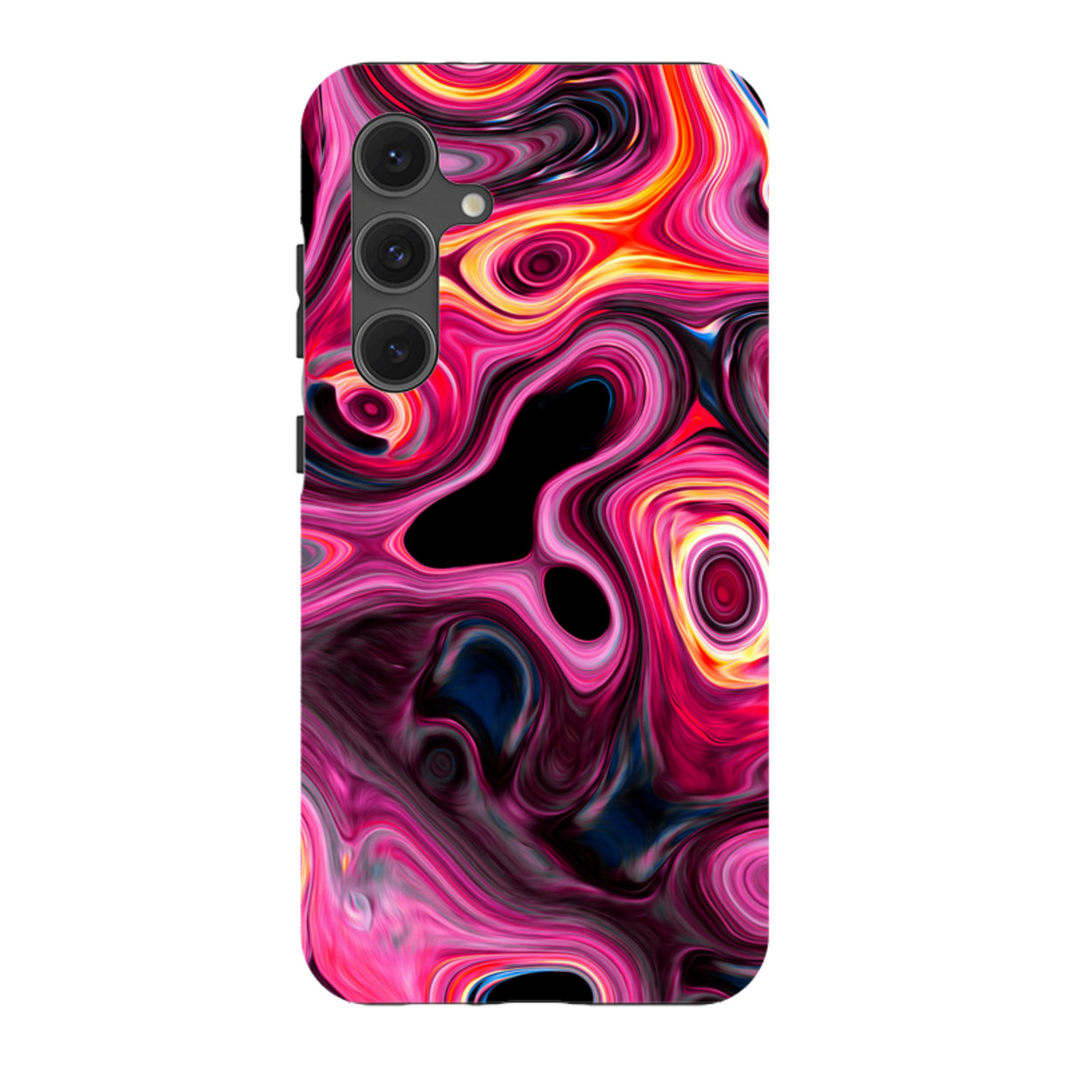 Samsung Tough Case featuring a vibrant, swirling pink and orange Tiger Tail marble design with a durable dual-layer finish.