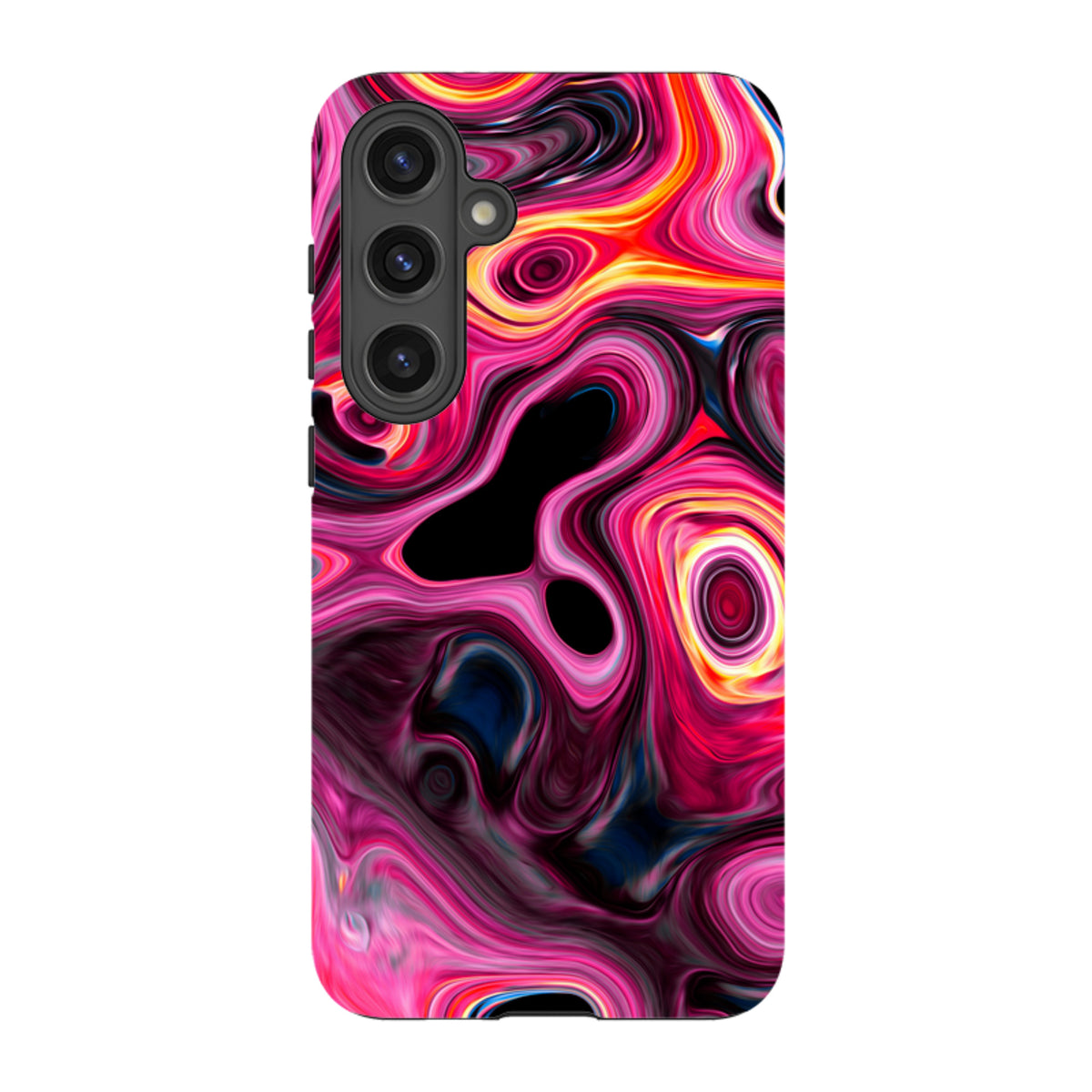Samsung Tough Case featuring a vibrant, swirling Tiger Tail abstract pattern in shades of pink, yellow, and black.