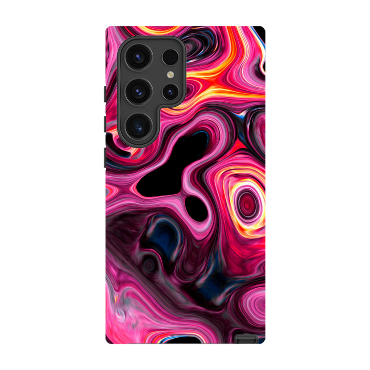 Samsung Tough Case with a vibrant pink, orange, and black marbled Tiger Tail design and dual-layer protective shell.