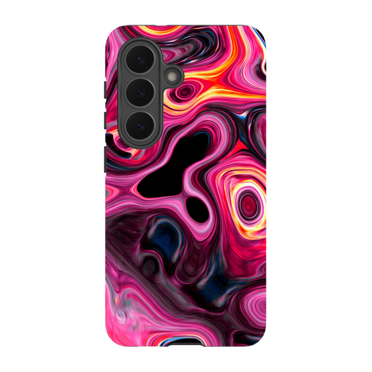 Samsung Tough Case featuring a vibrant, swirling Tiger Tail liquid marble design in pink, red, and orange tones.