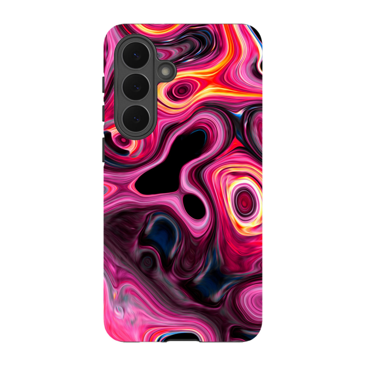 Samsung Tough Case featuring a vibrant, swirling Tiger Tail abstract pattern in pink, red, and orange on a durable shell.