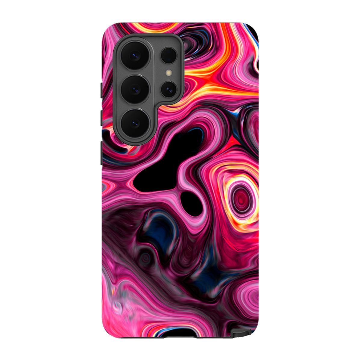 Samsung Galaxy tough case featuring a vibrant, swirling Tiger Tail pattern in shades of pink, yellow, and black.