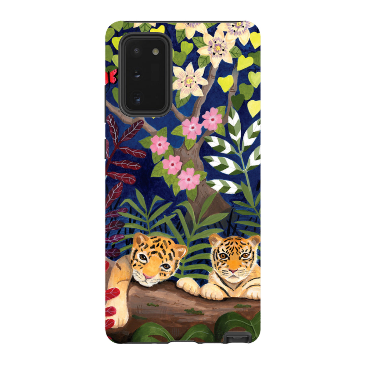 Samsung Tough Case featuring Bex Parkin's tiger and floral art on a durable dual-layer phone cover with camera cut-outs.
