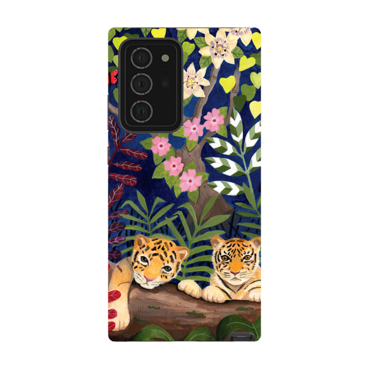 Samsung Tough Case featuring a vibrant jungle tiger illustration with dual-layer protection and a precision camera cutout.