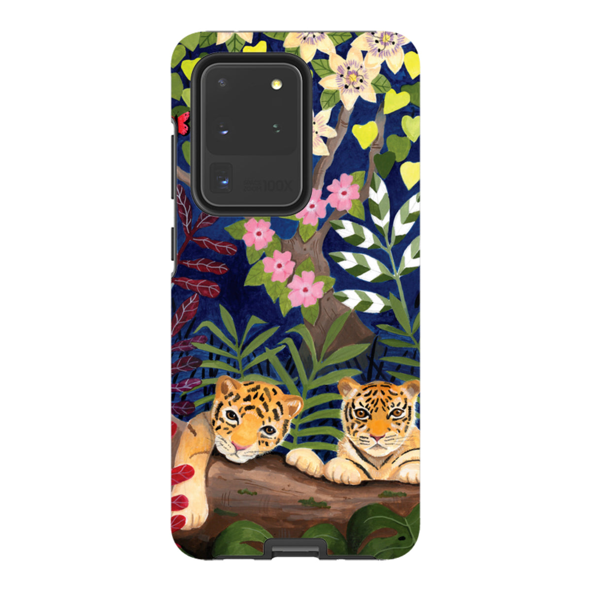Samsung Tough Case featuring Bex Parkin tiger artwork with dual-layer protection and vibrant jungle floral design.