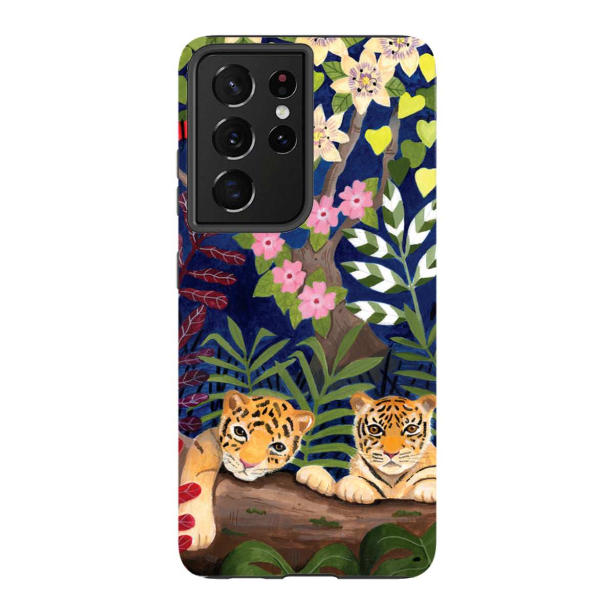 Samsung Tough Case featuring Bex Parkin tiger artwork with dual-layer protection and a vibrant jungle floral design.