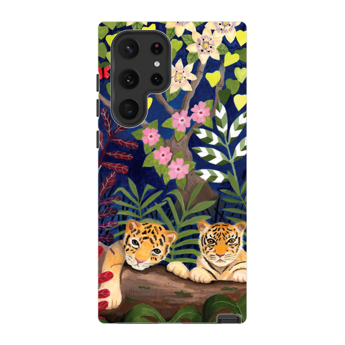 Samsung Tough Case featuring Bex Parkin's tiger cub artwork with vibrant jungle flowers on a durable dual-layer phone cover.