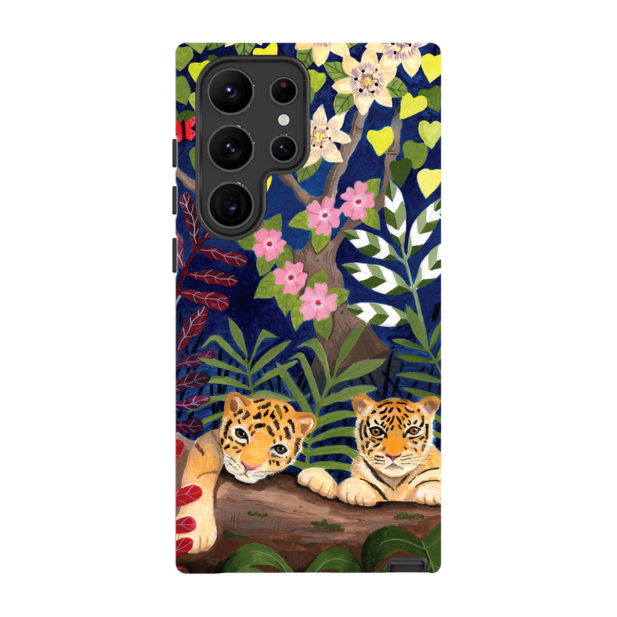 Samsung Galaxy tough case featuring Bex Parkin’s vibrant tiger and jungle floral artwork with dual-layer protection.