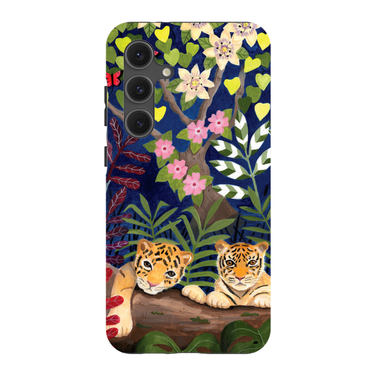 Samsung Tough Case featuring Bex Parkin tiger art with dual-layer protection and vibrant floral jungle design.