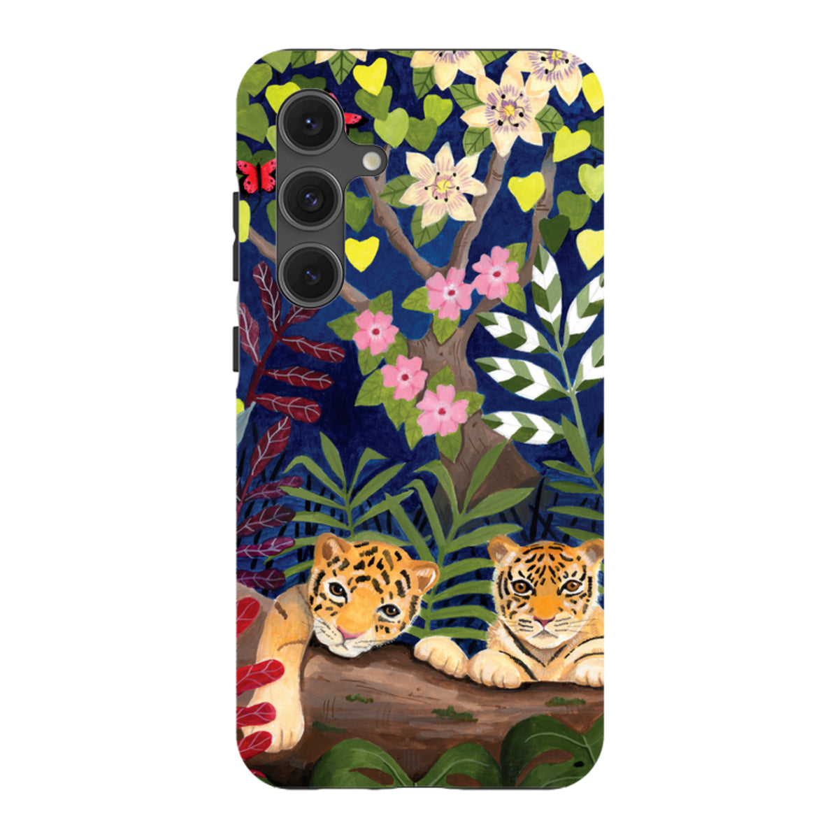 Samsung Tough Case featuring two tiger cubs in a vibrant, floral jungle print with dual-layer protection.