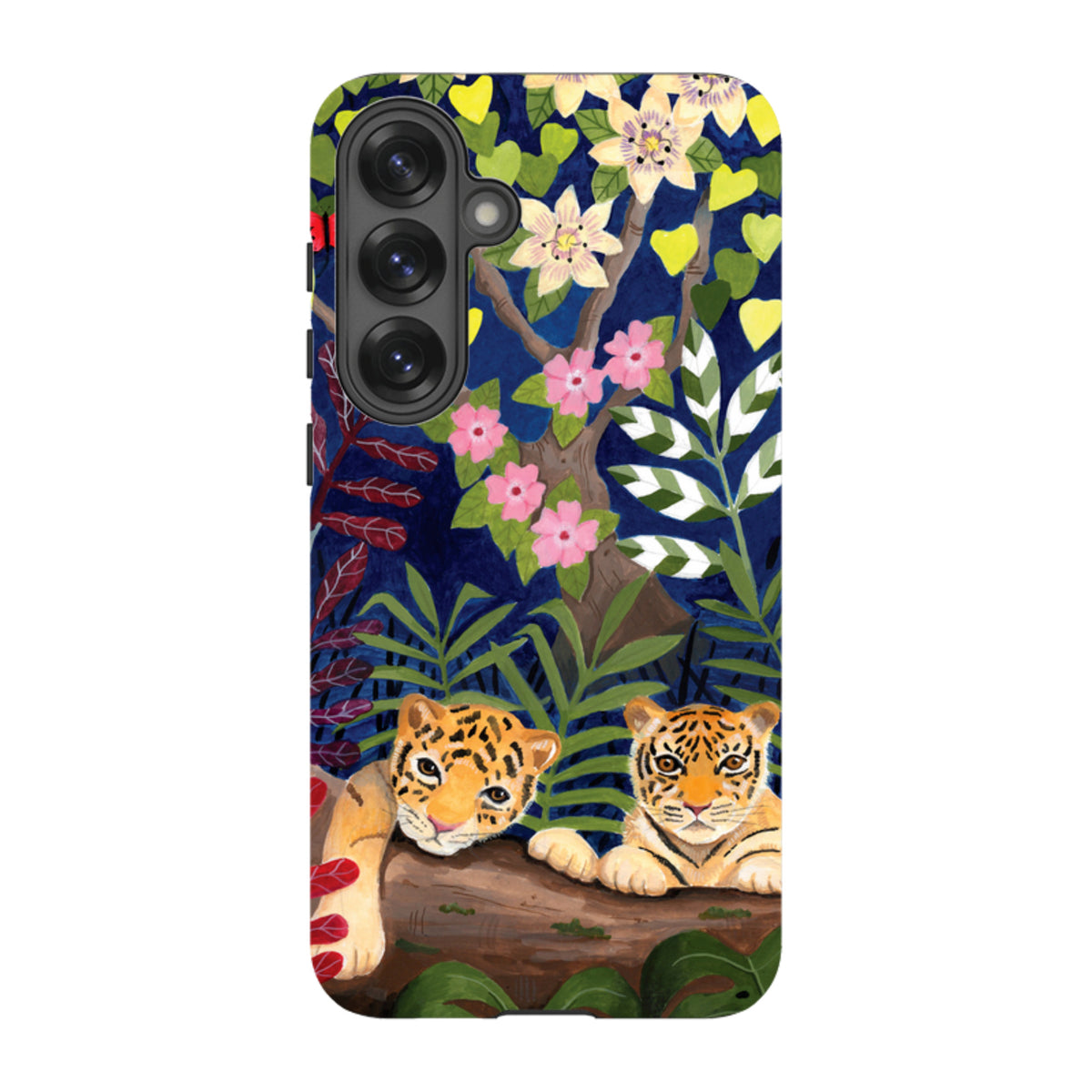 Samsung Tough Case featuring Bex Parkin's tiger cubs art in a vibrant, dual-layer design with a dark floral background.