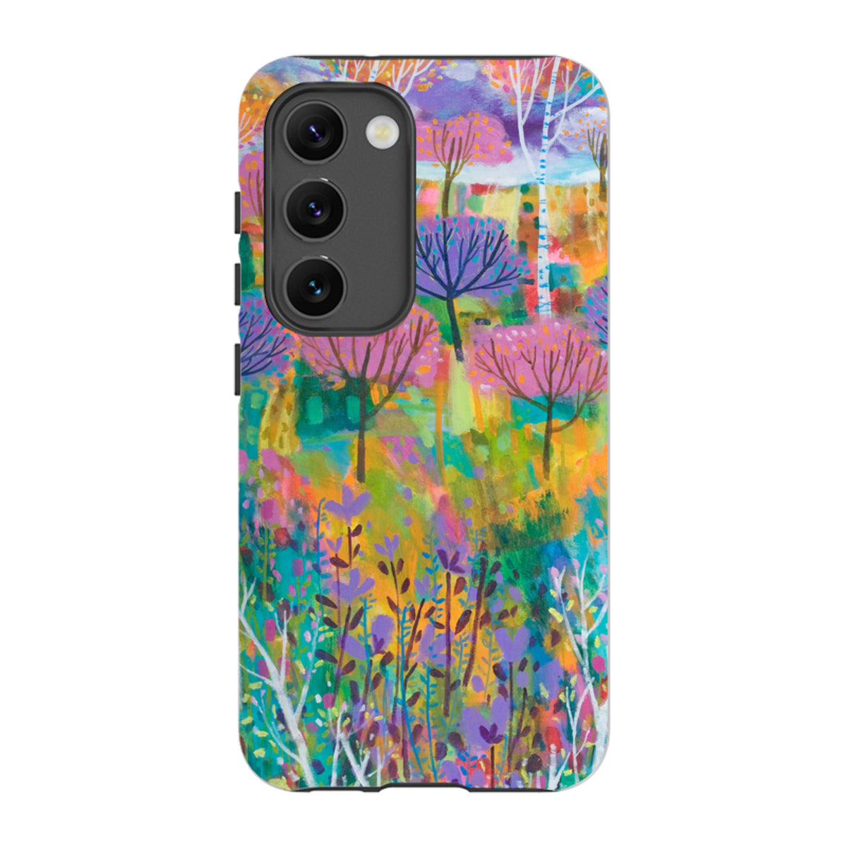 Samsung Tough Case featuring vibrant, colorful Claire West tree artwork on a durable dual-layer protective shell.