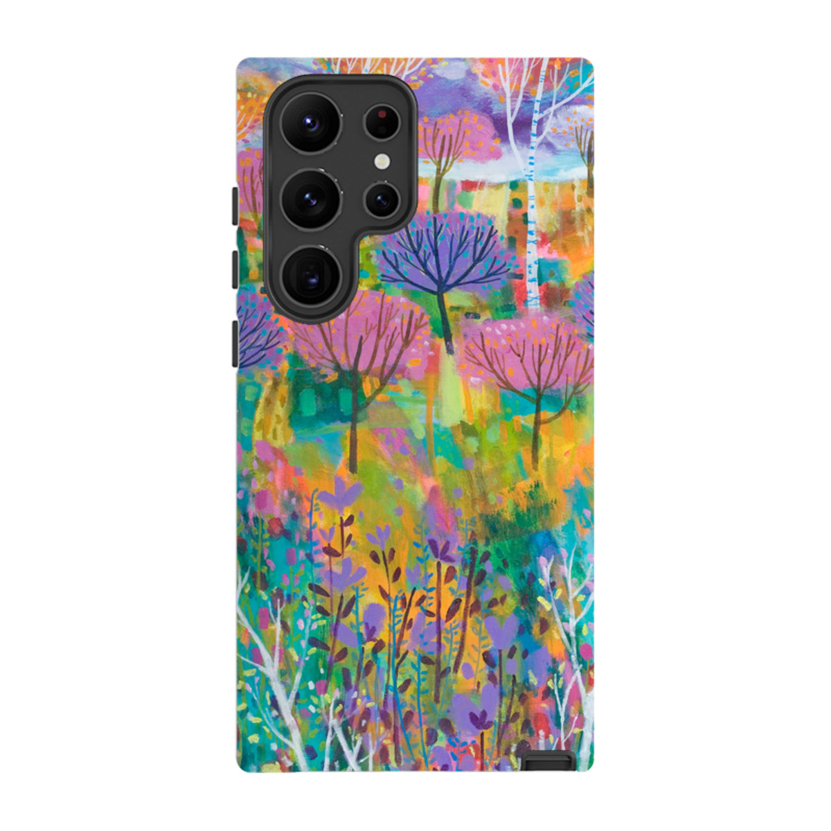 Samsung Tough Case featuring vibrant, colorful Claire West tree artwork on a dual-layer protective phone cover.